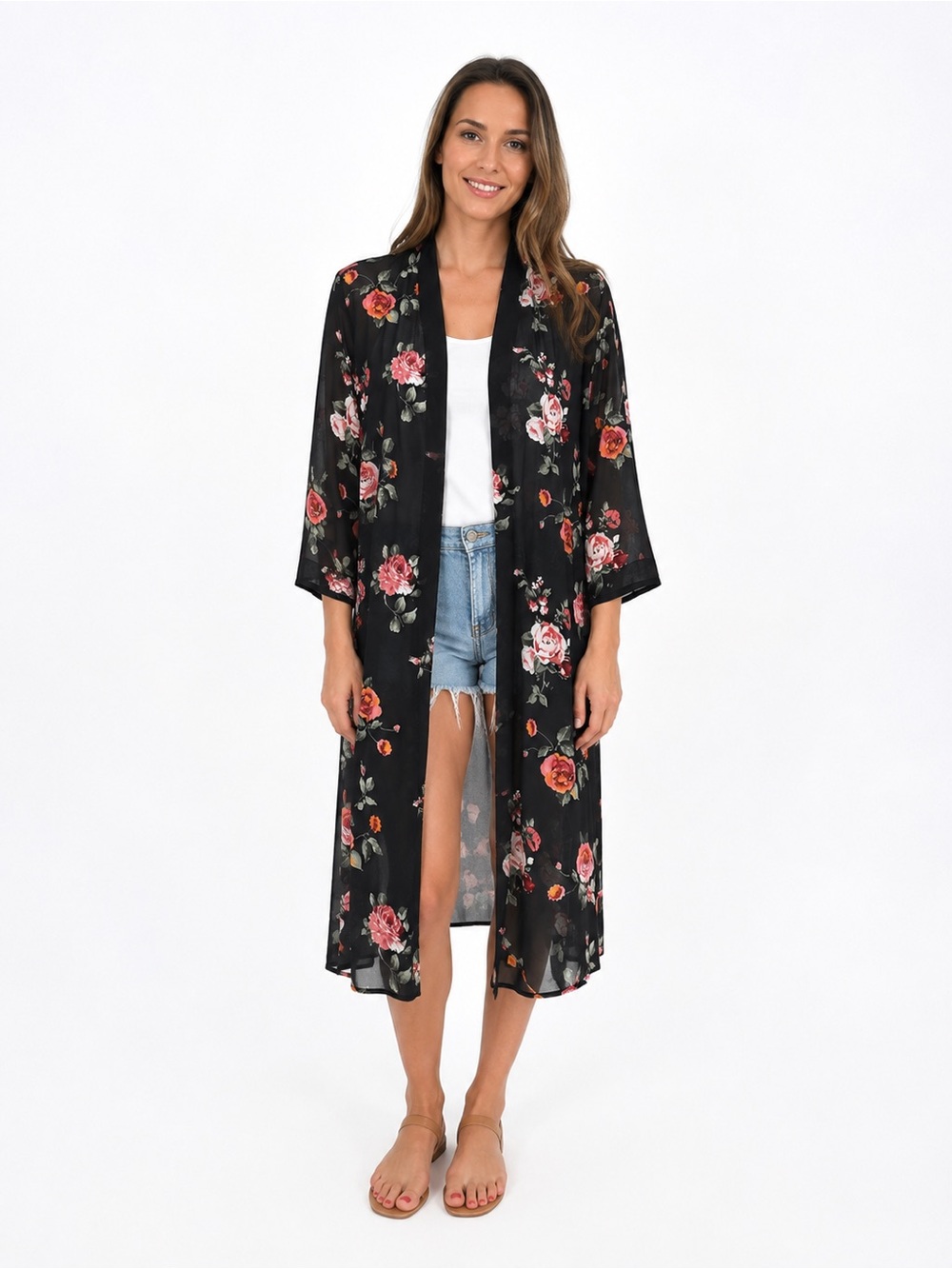 Ember Sheer Black Floral Print Long Kimono Shawl Coverup size Medium